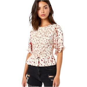 Floral Blouse Cropped Short Sleeve Women’s Size Medium Peplum Red/White Melloday